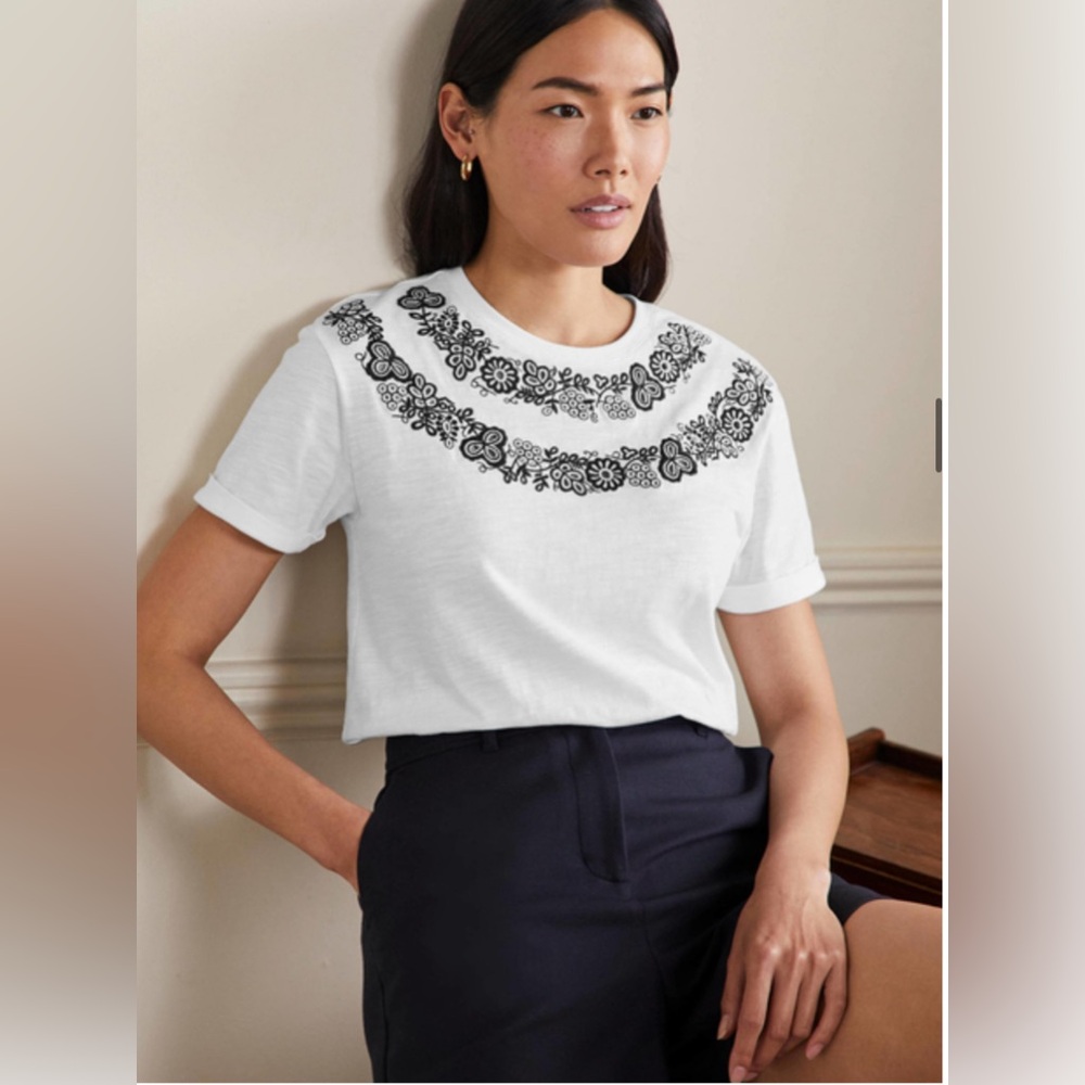 Boden: Turn-Up Cuff Embroidered Cotton T-Shirt